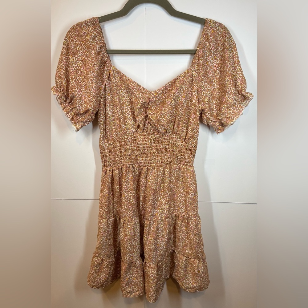Blush Floral Smocked Mini Dress Puff-Sleeve Boho Tiered Cottagecore Size Small